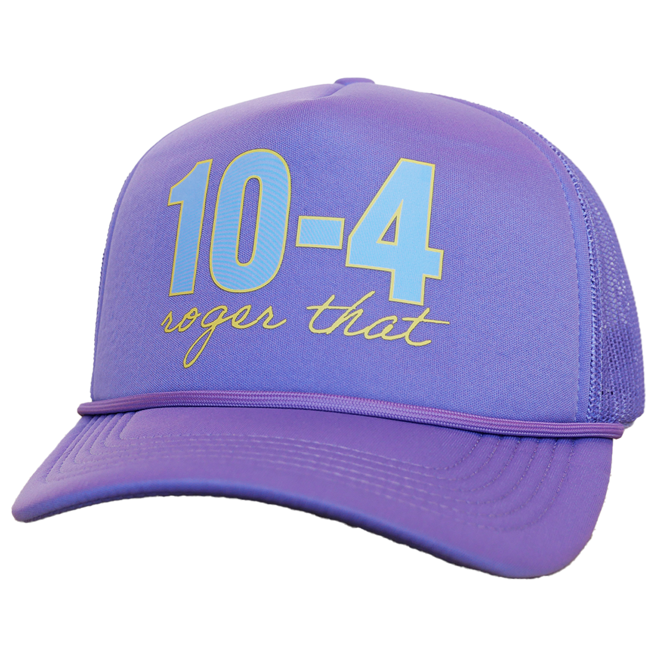 Purple cap with '10-4 roger that' text on a white background