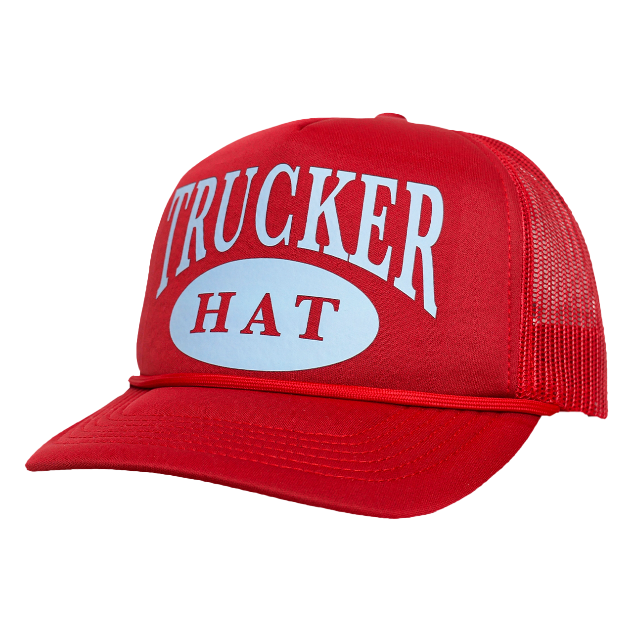 Red trucker hat with white text on a white background