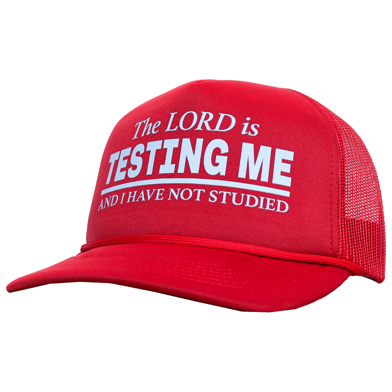 Red cap with white text on a white background