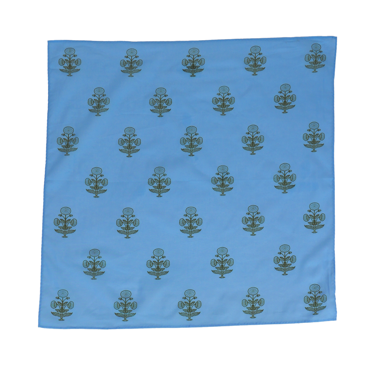 Blue fabric with green floral patterns on a white background