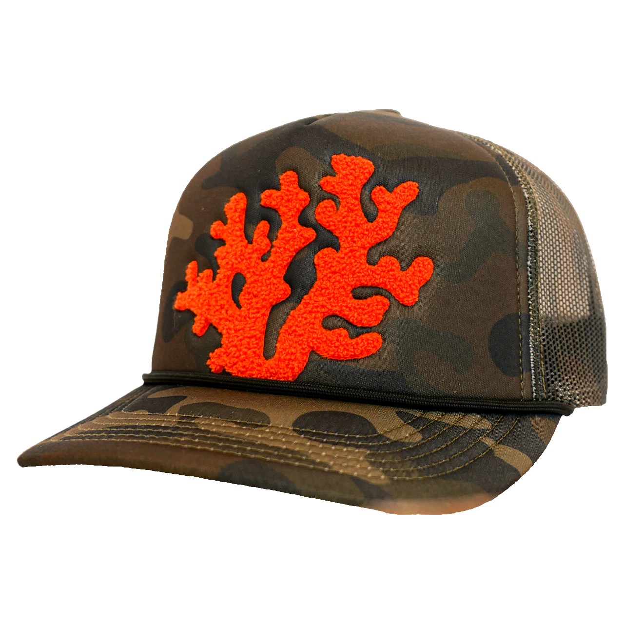 Camouflage cap with orange coral design on a white background