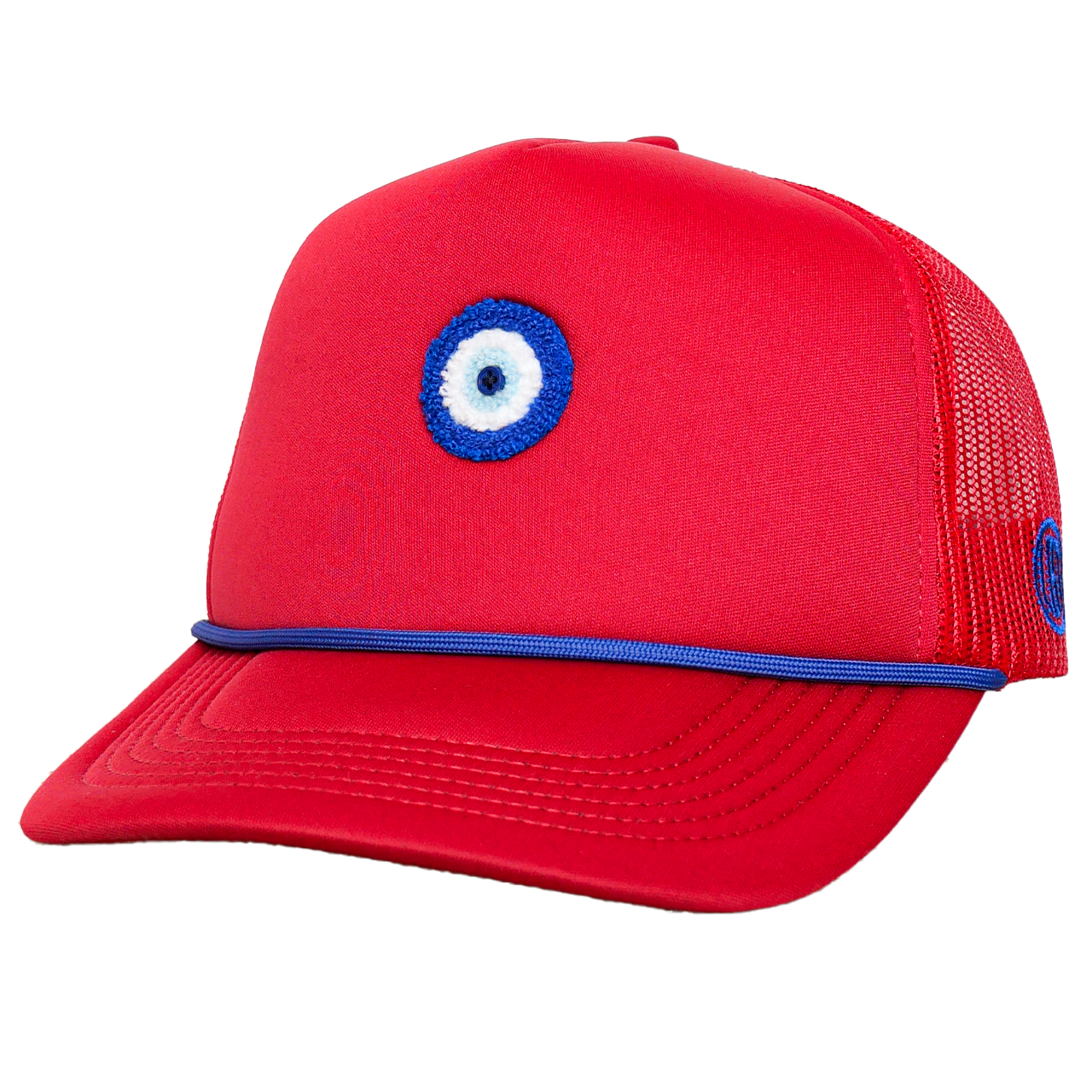 Red cap with a blue and white eye emblem on a white background