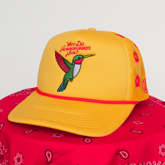 Yellow cap with hummingbird design and text on a red bandana background