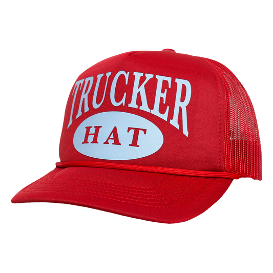 Red trucker hat with white text on a white background